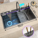 Stainless Steel Waterfall Kitchen Sink With Knife Holder Cup Wash Embossed Extra Large Single Sink Farmhouse Washbasin