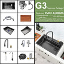 Black Nano Kitchen Sink 304 Stainless Steel Waterfall Sink Basin Large Single Bowl with Multifunction Touch Waterfall Faucet